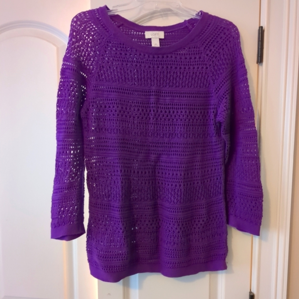 LOFT Purple Crew Neck Sweater with Textured Knit